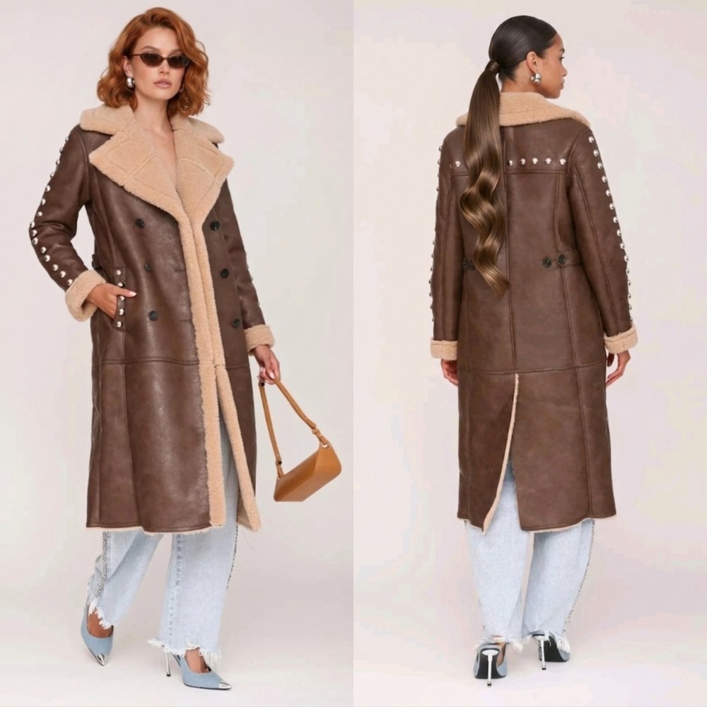 Avec Les Filles Faux Shearling Revolve Trench Coat Brown Studded Moto Jacket S